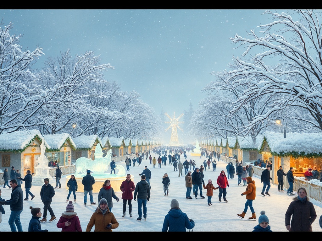 vivid description of a winter carnival with people skating, ice sculptures, and snow-covered trees