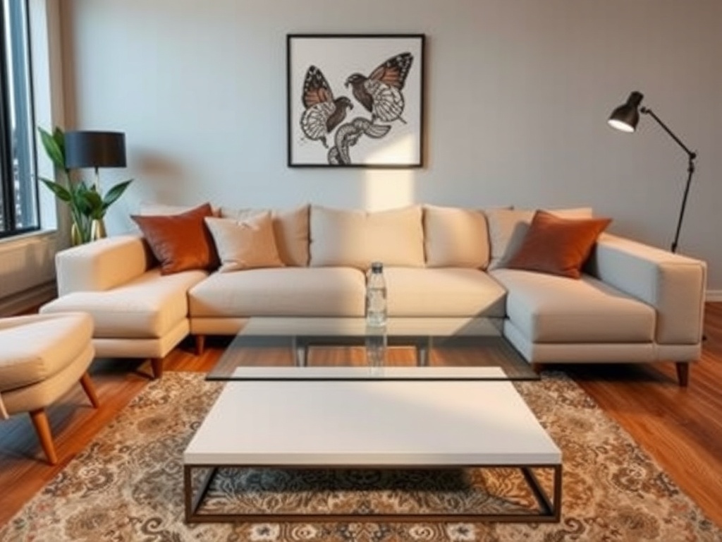 coffee table too small compared to large sofa, awkward proportions, modern living room