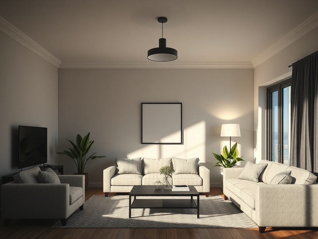dim living room with single overhead light casting harsh shadows, no layered lighting