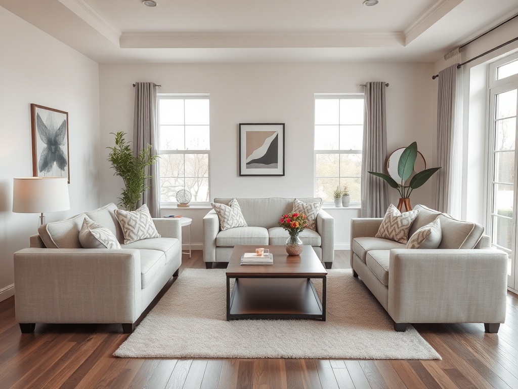 living room with perfectly matching sofa, loveseat, coffee table set, flat and lifeless composition