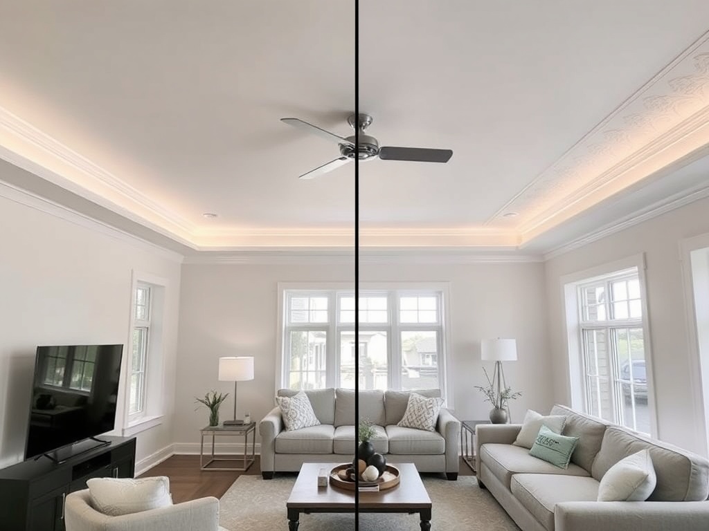 living room with plain white ceiling versus painted or detailed ceiling comparison