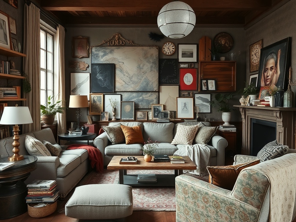 living room with too many competing materials, cluttered textures, chaotic composition
