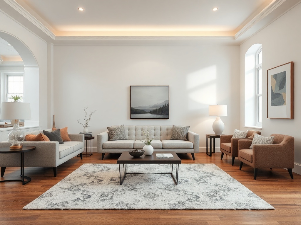 living room with too small rug floating under coffee table, furniture disconnected, neutral tones, architectural lighting
