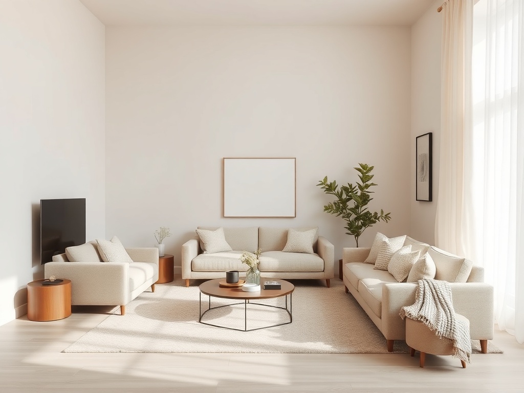 monochrome beige living room lacking contrast, soft lighting, bland textures