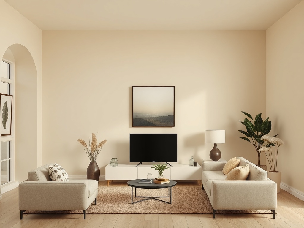 plain beige living room walls, minimal decor, no artwork, sterile atmosphere