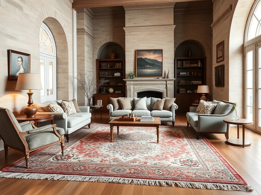 a well-balanced living room with layered textures, a large area rug, neutral sofa, vintage chair, warm lighting, and architectural detailing