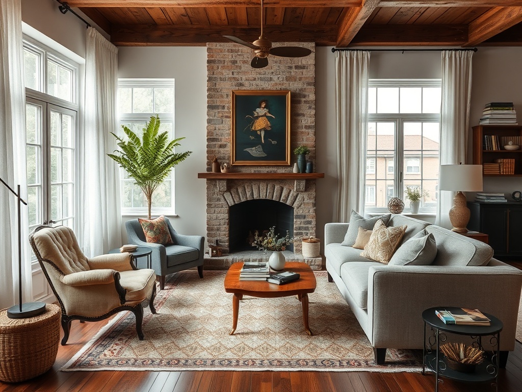 high-low living room mix with vintage chair, modern sofa, textured fabrics, layered decor