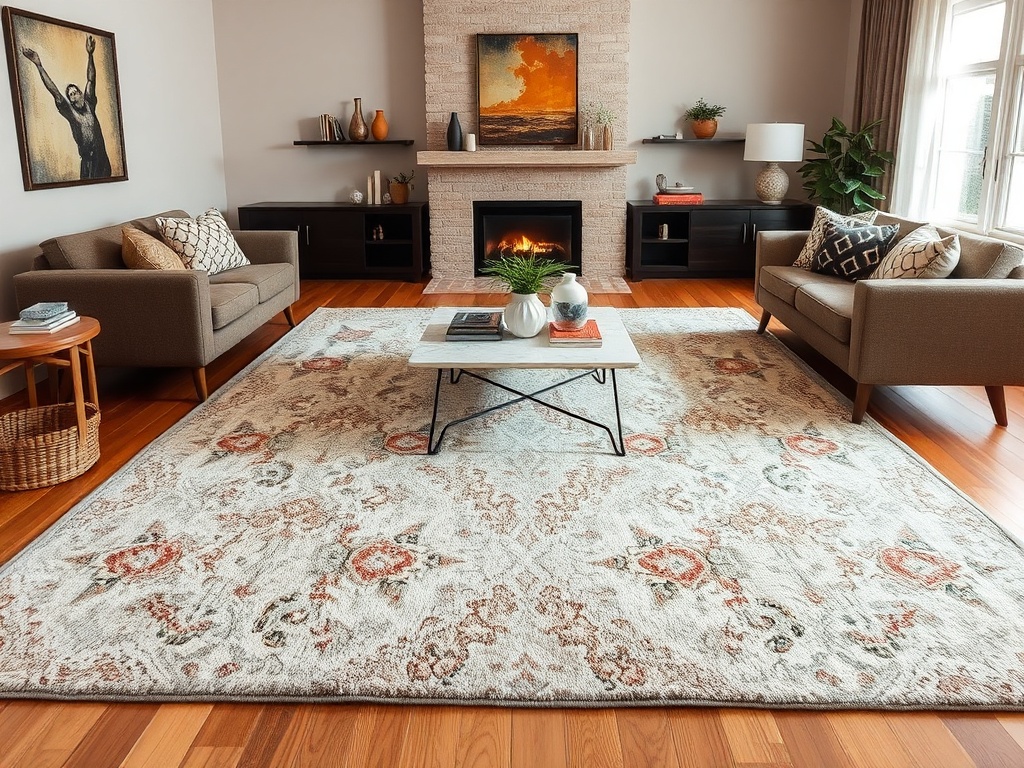 large area rug anchoring a living room, all furniture legs on rug, layered textures, warm lighting