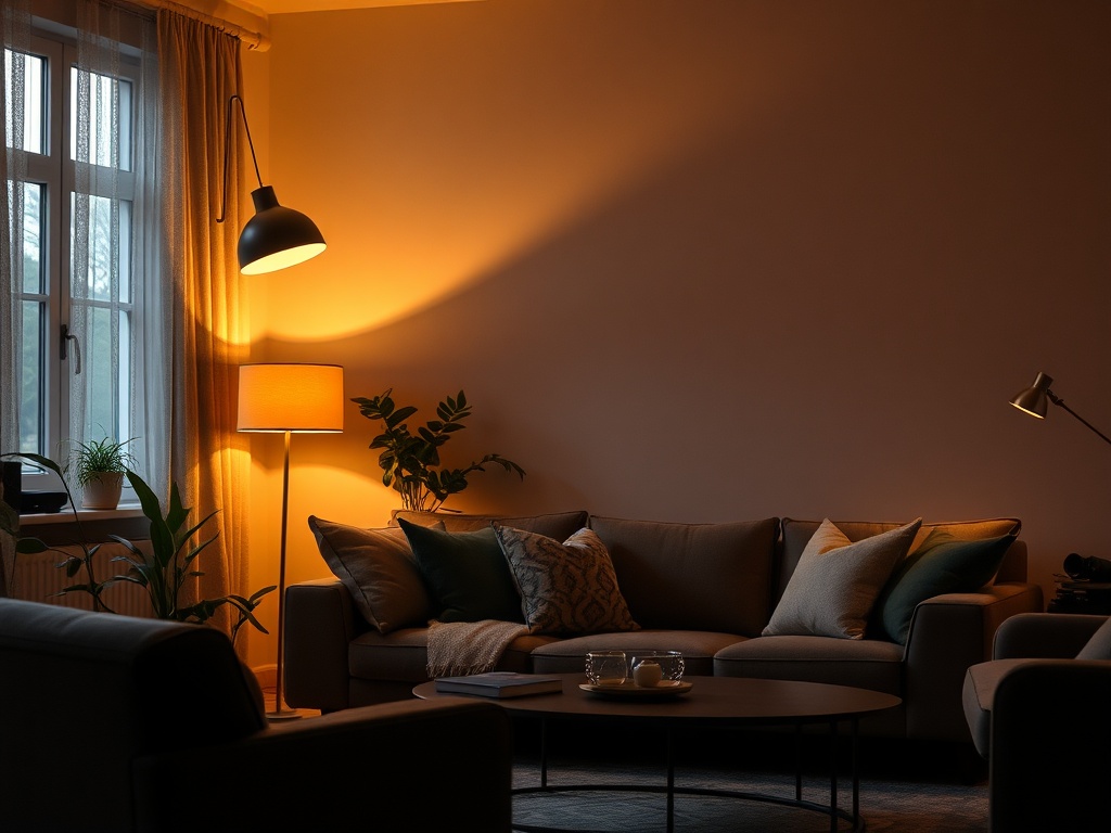 layered lighting living room with floor lamp, table lamp, warm ambient glow, cozy atmosphere