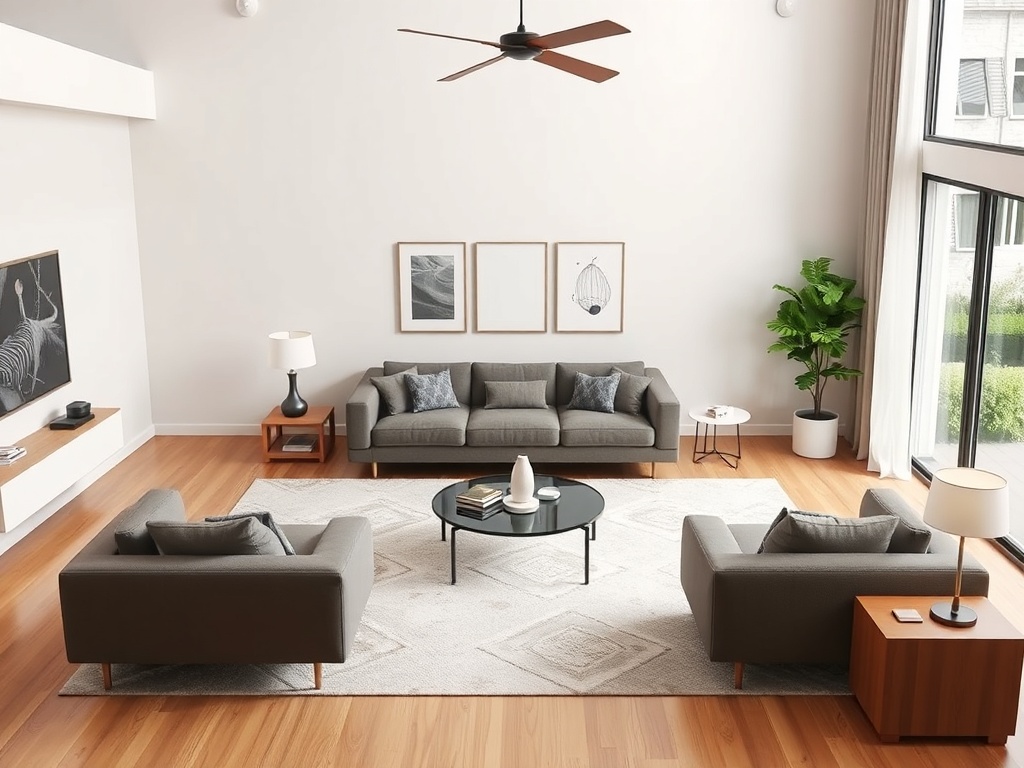 living room layout with floating sofa, clear walking paths, balanced seating arrangement