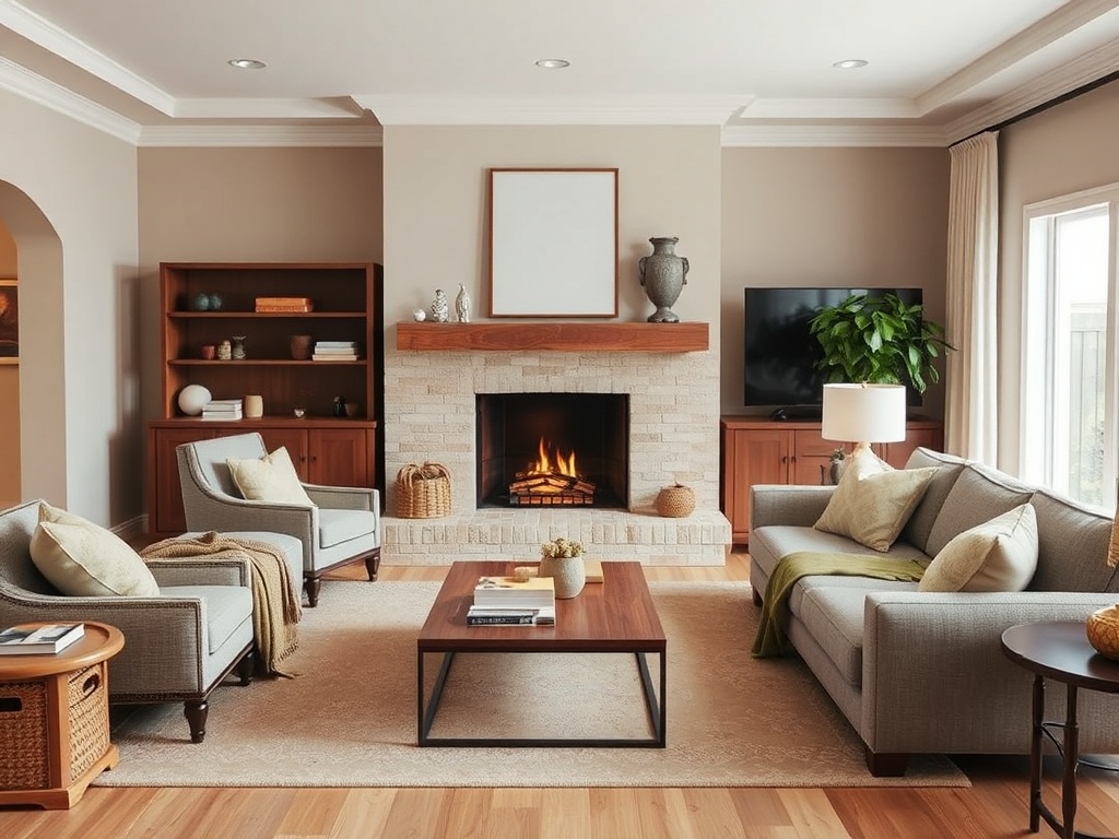 living room with a clear focal point fireplace, furniture oriented toward it, balanced composition, warm neutral tones