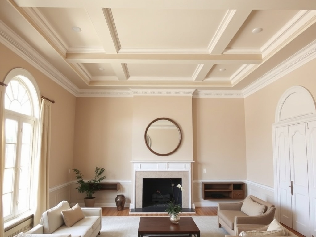 living room with subtly painted ceiling, architectural molding, cohesive color palette