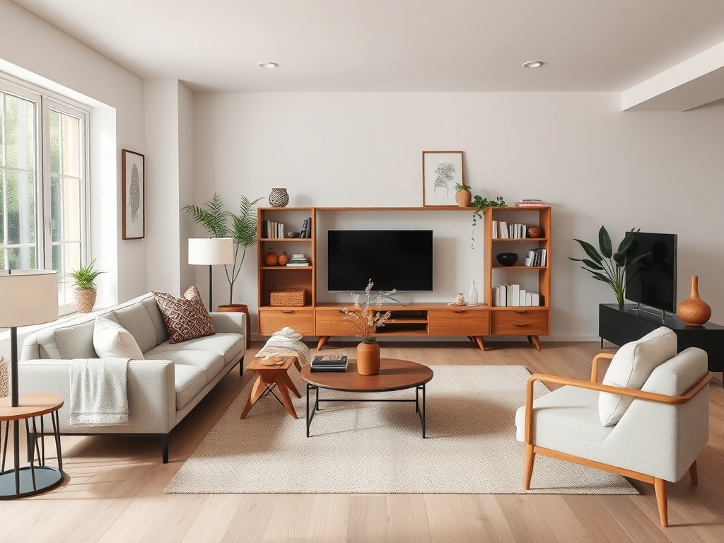 minimal but warm living room with curated furniture, open space, intentional layout