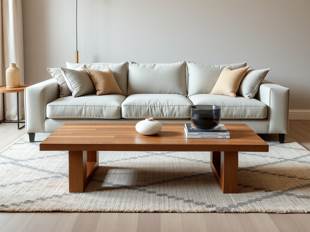 well-proportioned coffee table with sofa, balanced spacing, modern neutral tones, tactile materials