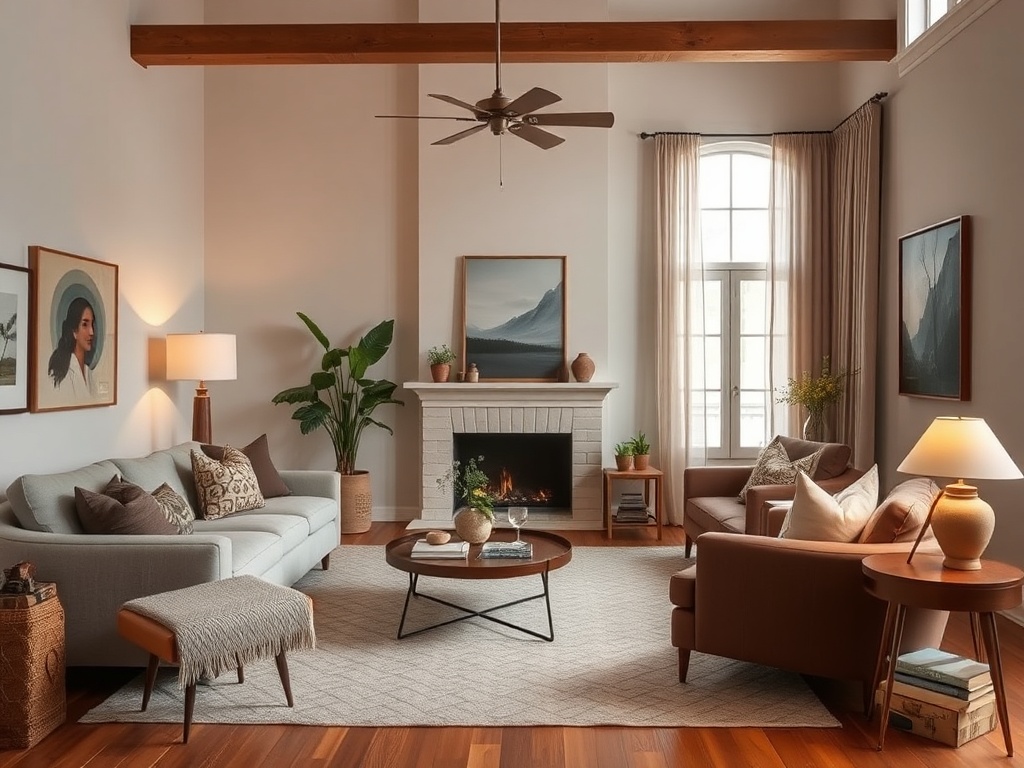 a thoughtfully designed living room with balanced furniture layout, layered textures, warm lighting, and a mix of vintage and modern pieces