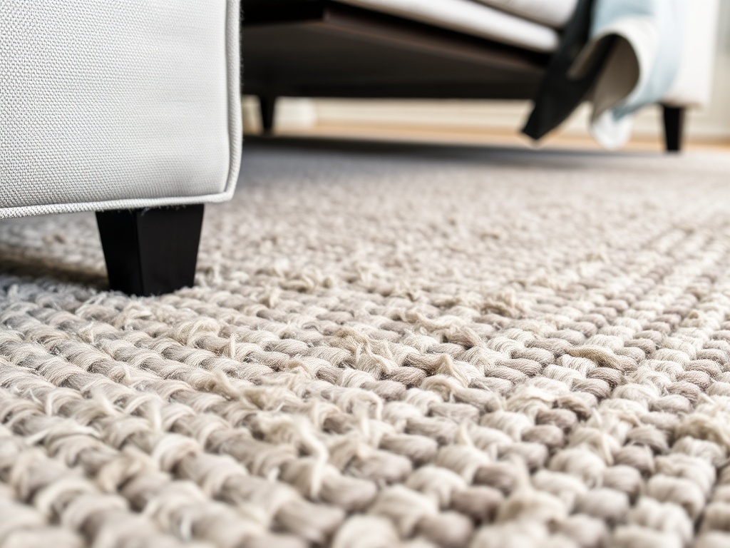 close-up of a textured wool rug with visible weave and layered furniture sitting partially on top, showing proper scale