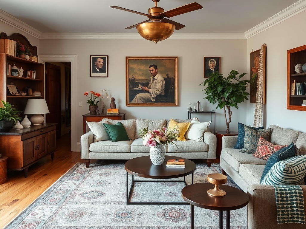 eclectic living room mixing vintage decor with modern furniture, layered textures, and contrasting materials like brass, wood, and textiles