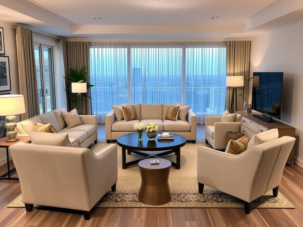 living room furniture pulled away from walls forming a central seating area with sofa, chairs, and coffee table arranged for conversation
