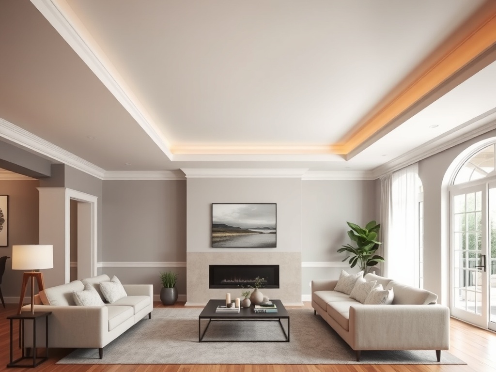 living room with subtly painted ceiling adding depth, contrasting gently with walls and enhancing the overall space