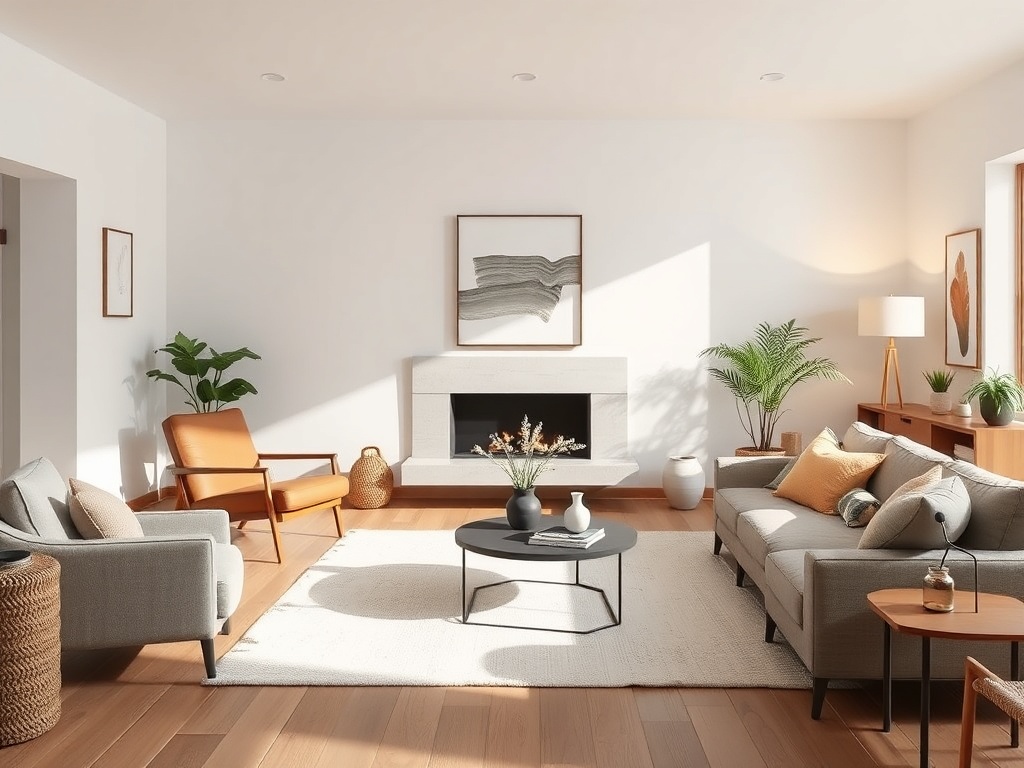 minimal yet warm living room with carefully curated furniture, ample negative space, and balanced composition