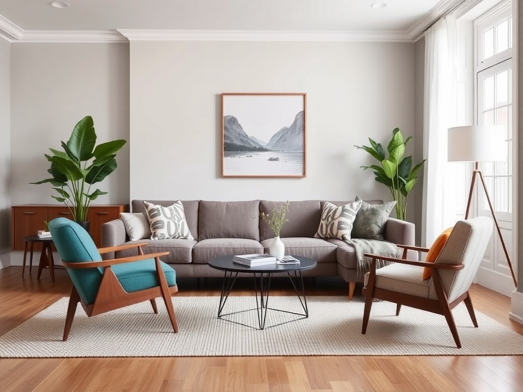 modern sofa with clean lines and exposed legs paired with vintage accent chairs in a balanced living room