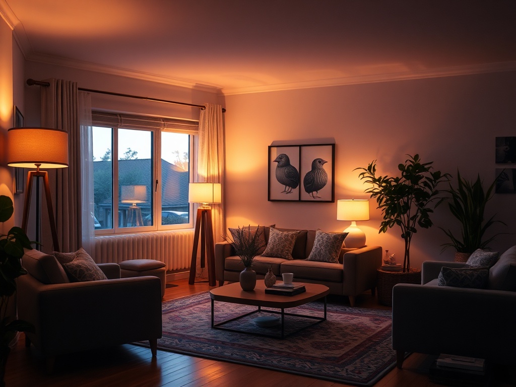 warmly lit living room with layered lighting including floor lamps, table lamps, and soft ambient glow creating depth