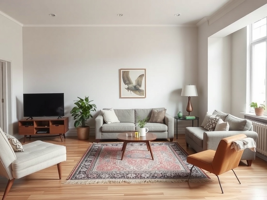 a slightly unbalanced living room with mismatched furniture scale, small rug, awkward layout, neutral tones, soft natural light