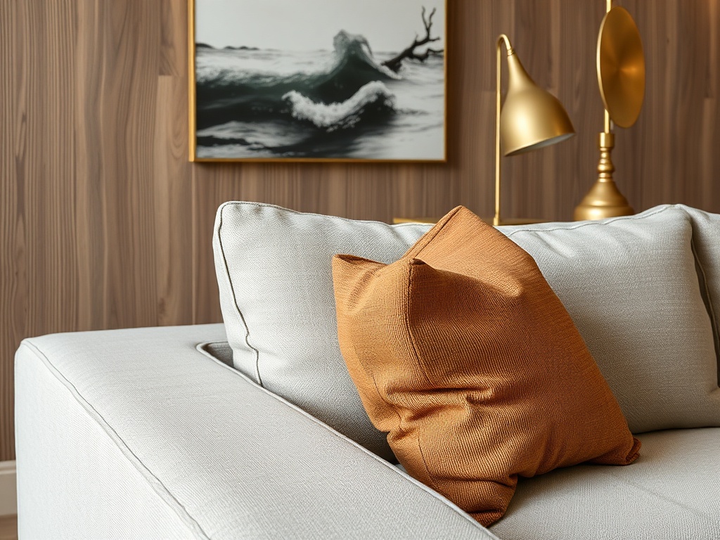 close-up of mixed materials in living room, wood grain, brass accents, linen sofa, tactile richness
