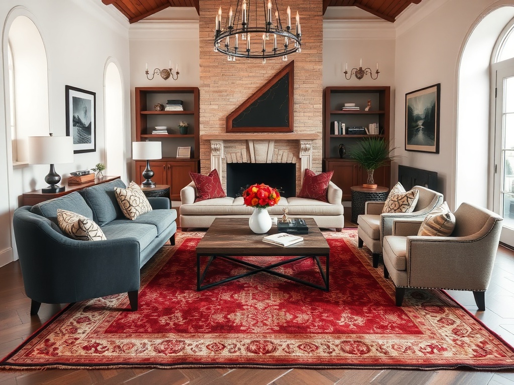 large properly scaled rug anchoring sofa and chairs in a balanced living room, warm textures, architectural clarity