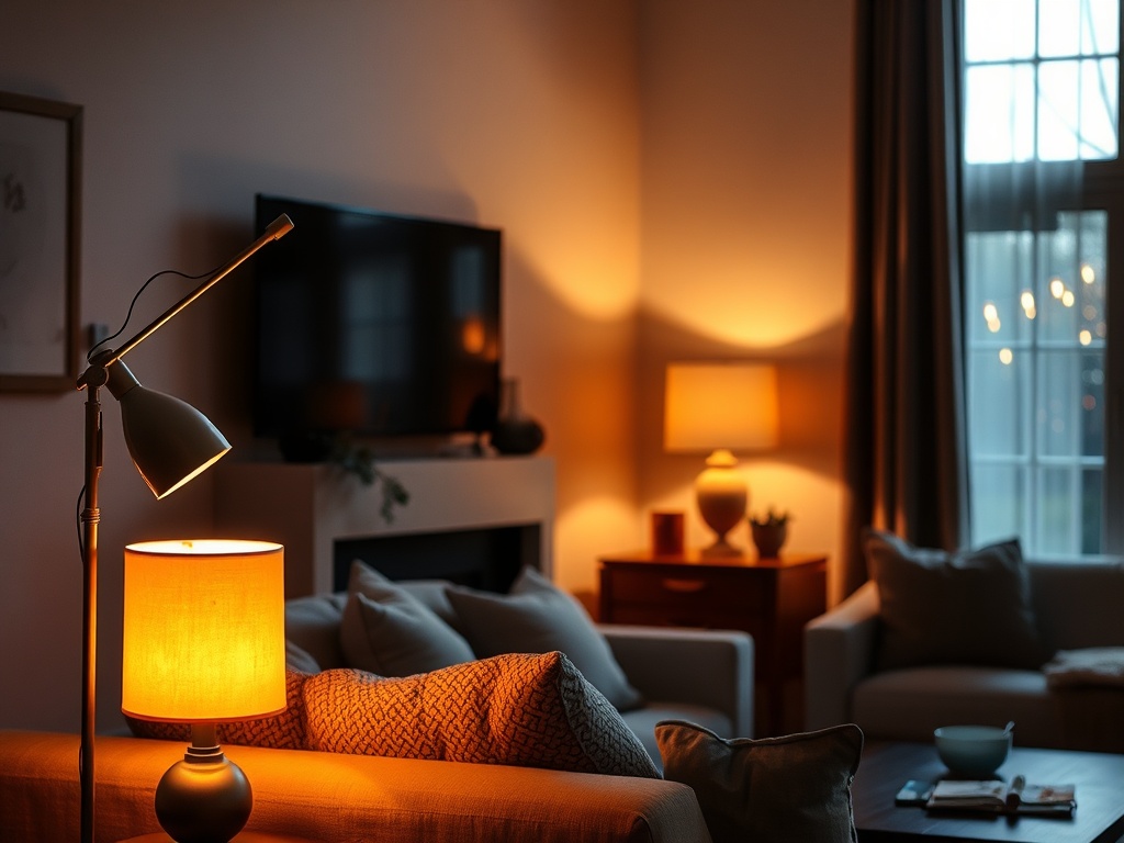 layered lighting in a cozy living room with floor lamp, table lamp, warm glow, evening ambiance