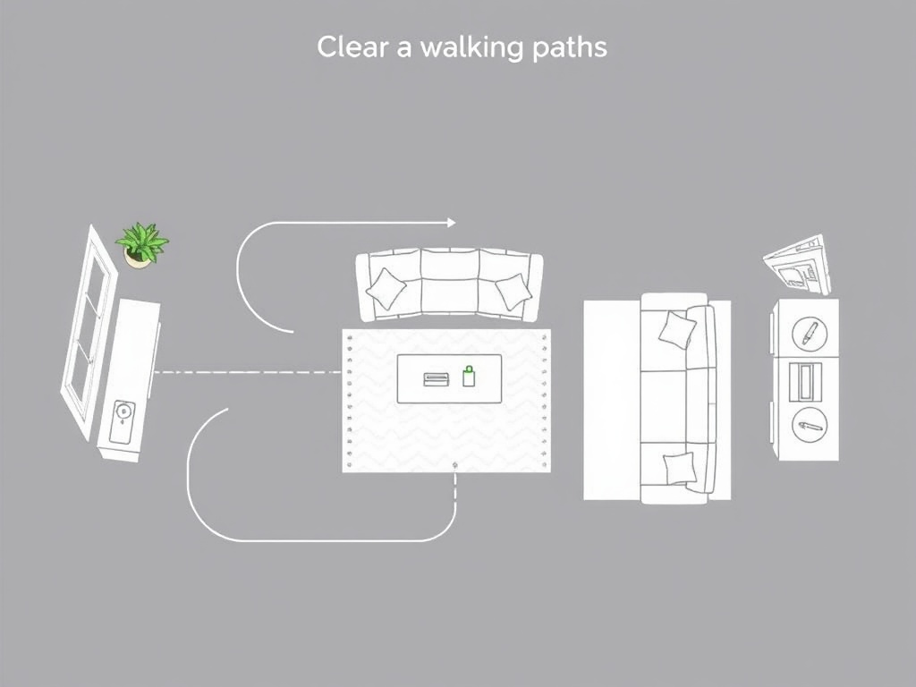 living room layout diagram showing clear walking paths, balanced furniture placement, functional flow