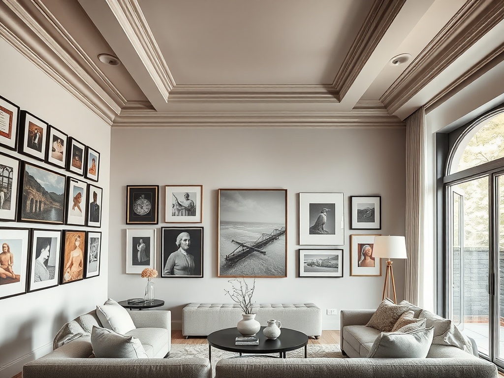 living room with art gallery wall and subtly painted ceiling, layered vertical interest, sophisticated composition