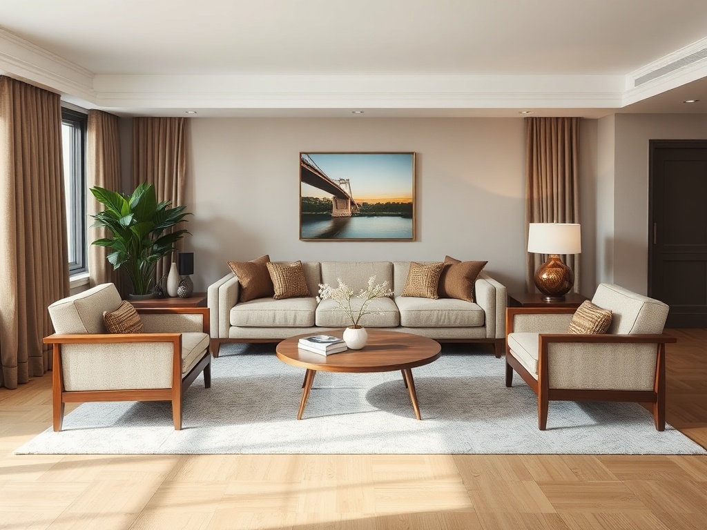 living room with clear furniture hierarchy, dominant sofa, lighter chairs, layered materials, balanced composition