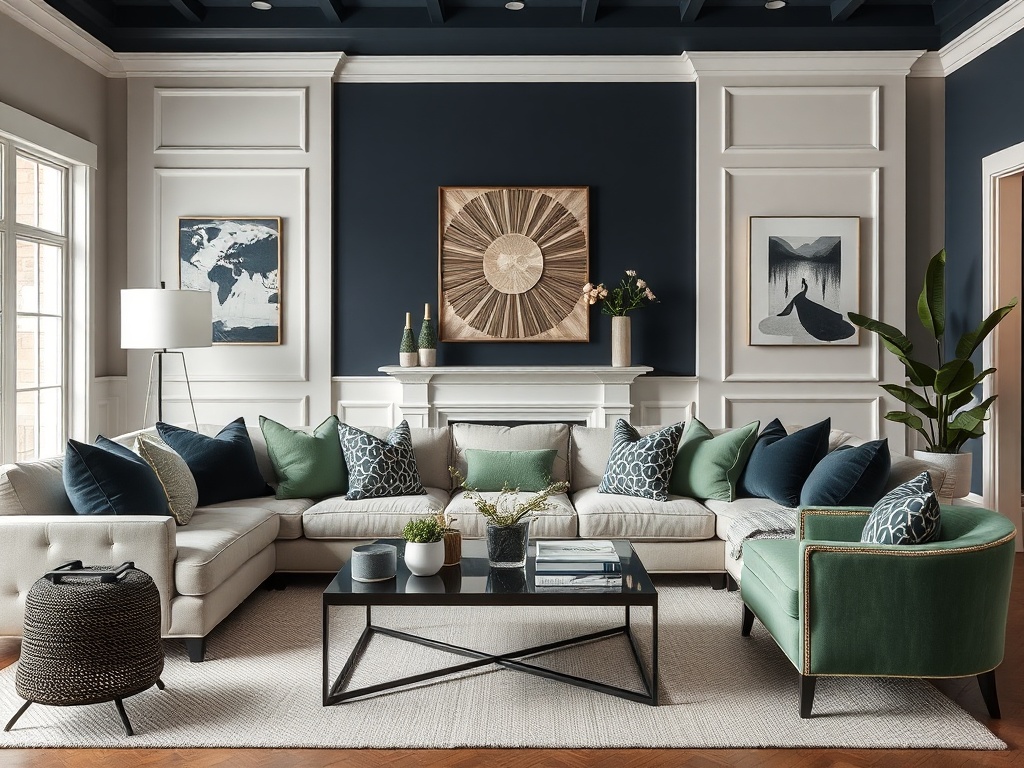 living room with neutral base and deep accent color like navy or green repeated across pillows and decor