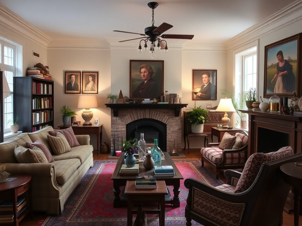 living room with personal touches like books, vintage textiles, lived-in feel, warm lighting