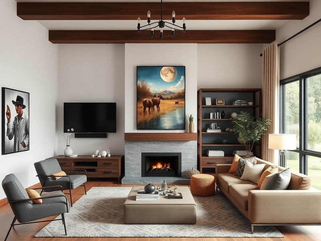 living room with strong focal point like artwork or fireplace, balanced composition, TV not dominant