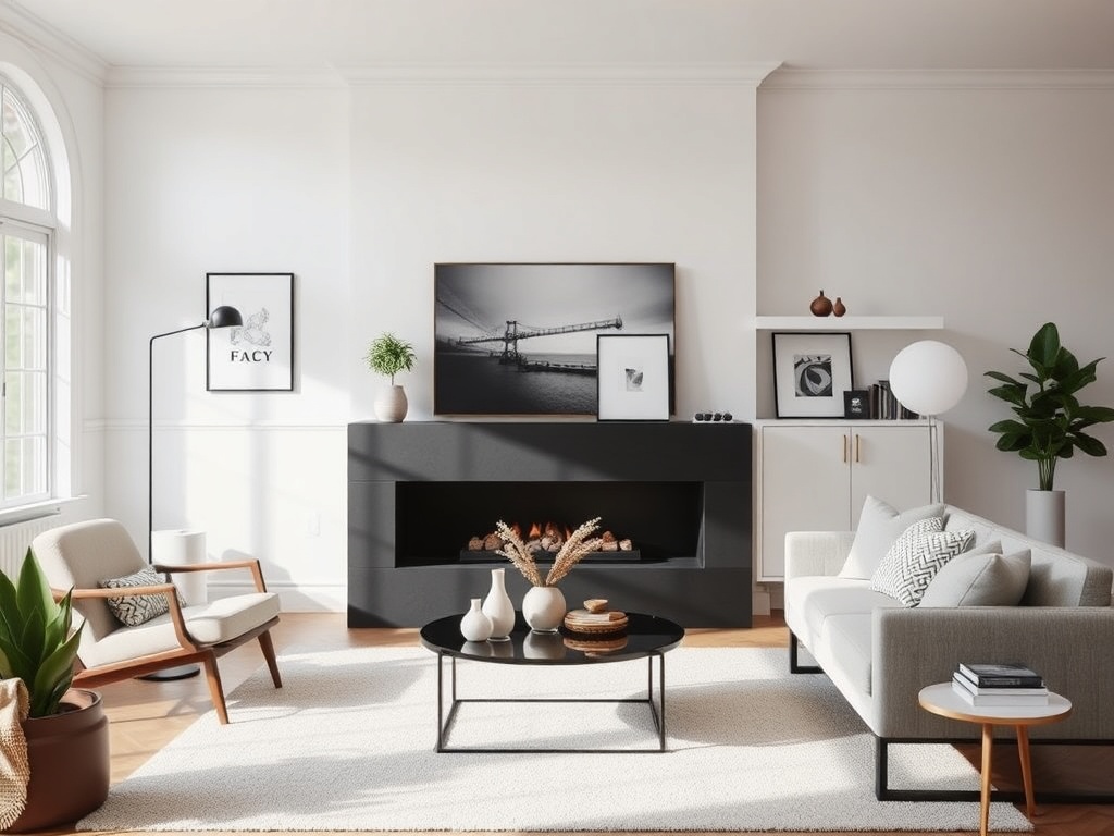 minimal edited living room with intentional decor, clean lines, curated objects, calm atmosphere