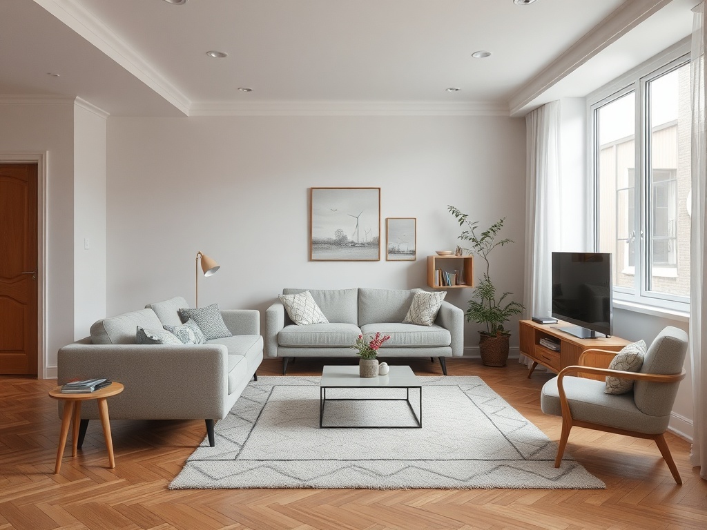a slightly awkward living room with mismatched furniture scale, small rug, floating sofa, neutral tones, natural daylight, realistic interior photography