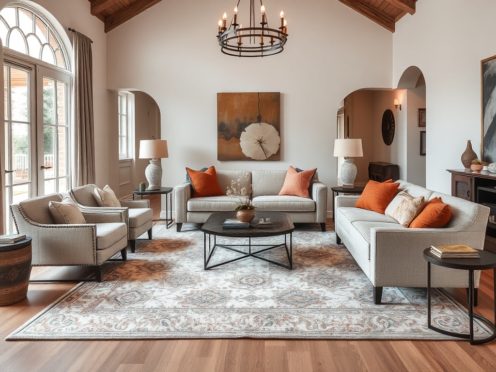 large properly scaled rug under sofa and chairs, cohesive living room layout, warm textures, layered textiles, architectural interior