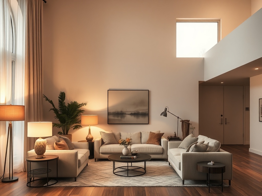 layered lighting in living room, warm ambient light, table lamps, floor lamps, cozy but architectural composition