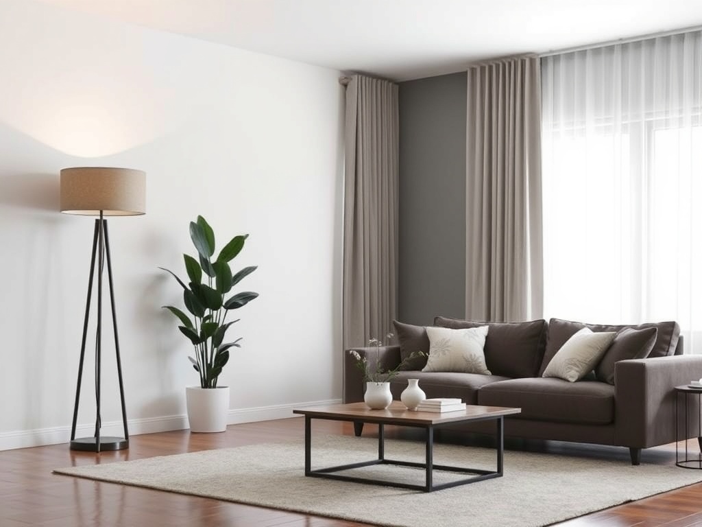 living room showing varied heights, tall floor lamp, low coffee table, layered vertical composition, balanced proportions
