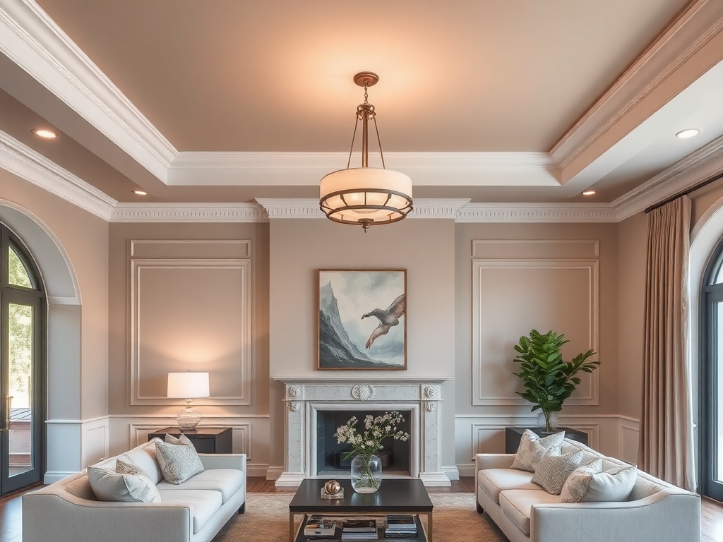 living room with subtly colored ceiling, architectural detail, cohesive palette, elegant lighting fixture