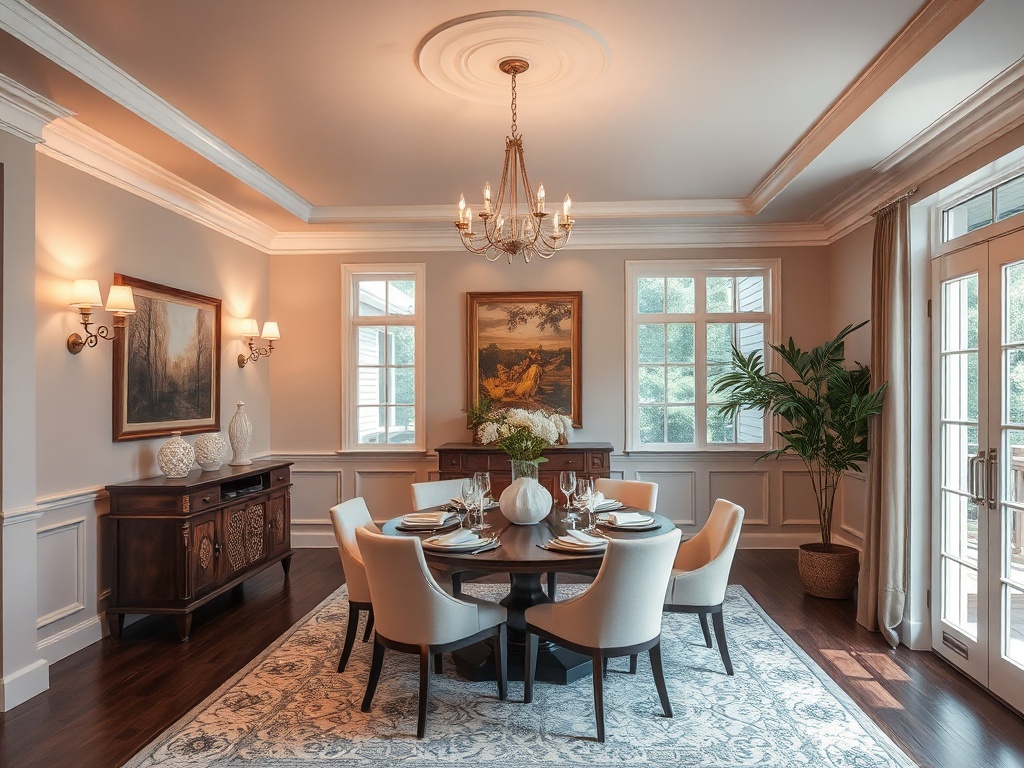 A beautifully lit dining area with elegant light fixtures and warm tones