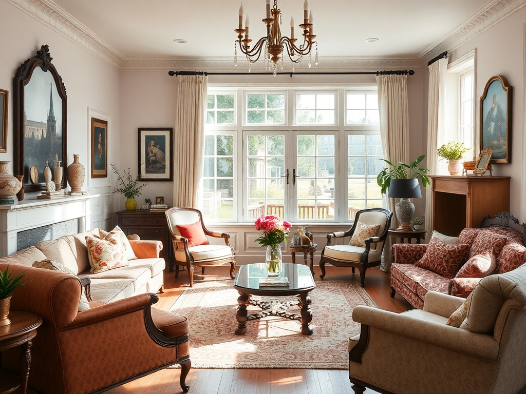 A bright, well-decorated living room with carefully chosen furniture pieces, blending old and new styles