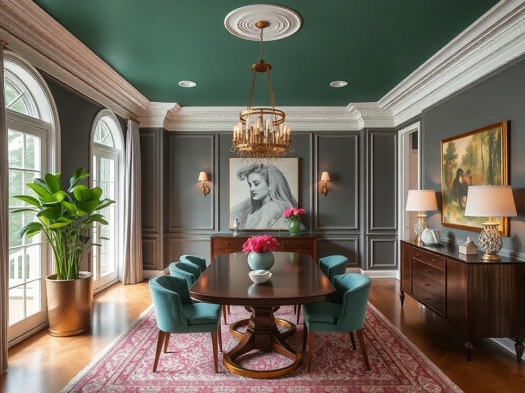 A chic dining room with a bold ceiling color complementing the rest of the room