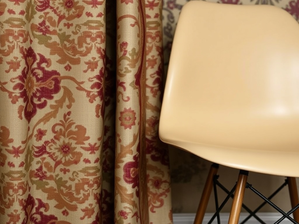 A close-up of a vintage textile with rich patterns, juxtaposed with a simple, modern chair