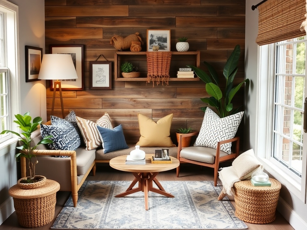 A cozy nook with a mix of high-quality pillows and affordable accent furniture pieces