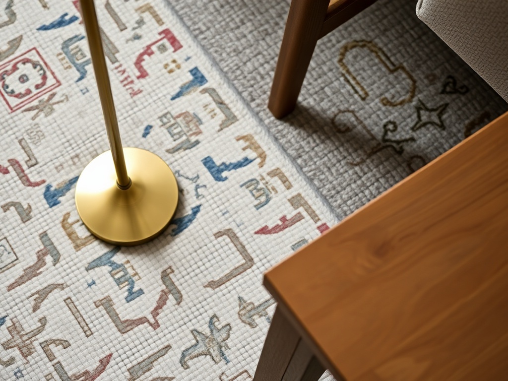 close-up of brass lamp, textured vintage rug, wooden side table with visible grain