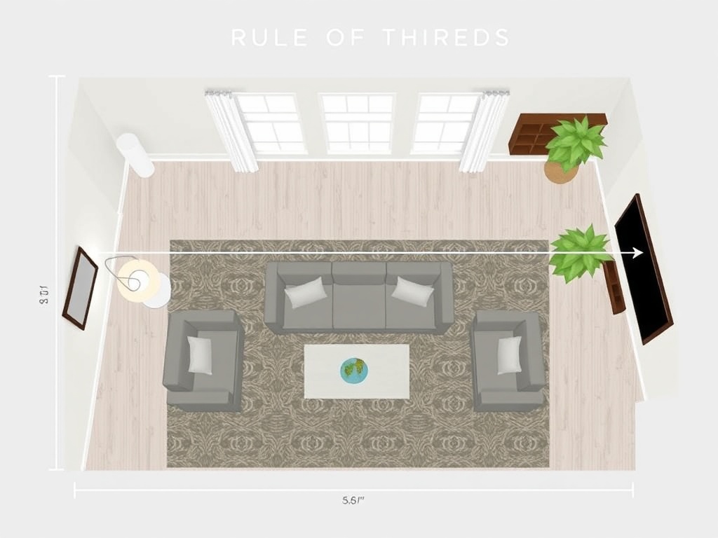 diagram showing Rule of Thirds applied to a rectangular living room layout