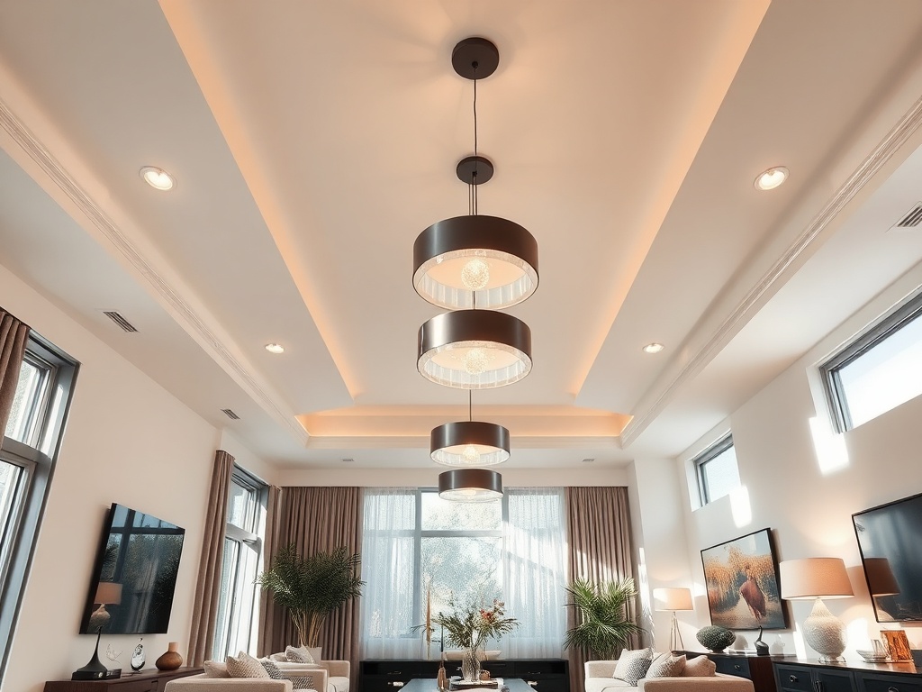 living room ceiling with layered pendant lighting, adjustable Kelvin bulbs, natural daylight streaming in